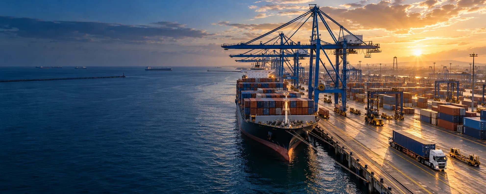 Illustrative view of a container vessel and port operations